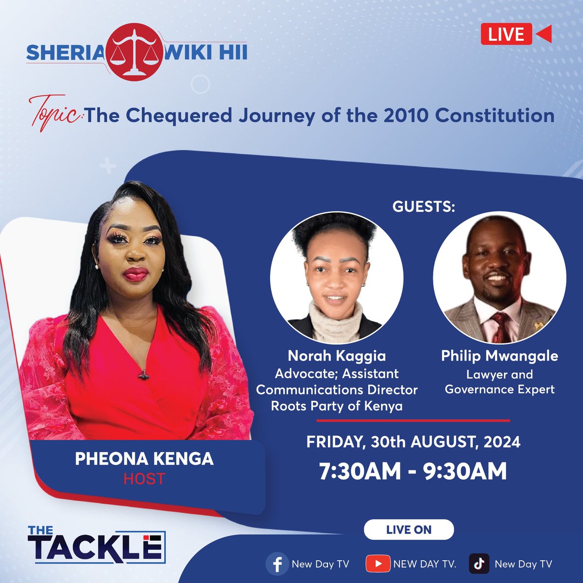 New Day TV (@thetackleke) on Twitter photo Earlier in the week the 2010 constitution turned 14years.At it's teenage years we take deep dive at its chequered journey since the promulgation on#THETACKLE Sheria wiki hii Edition. With <a href="/Mwangale_II/">Philip Mwangale II.</a>
<a href="/norah_kaggia/">|| Morning Koffee ||</a> hosted by <a href="/pheonak/">Pheona Kenga™</a>
#Sheriawikihii #CoK #NewdayTV Earlier in the week the 2010 constitution turned 14years.At it's teenage years we take deep dive at its chequered journey since the promulgation on#THETACKLE Sheria wiki hii Edition. With <a href="/Mwangale_II/">Philip Mwangale II.</a>
<a href="/norah_kaggia/">|| Morning Koffee ||</a> hosted by <a href="/pheonak/">Pheona Kenga™</a>
#Sheriawikihii #CoK #NewdayTV