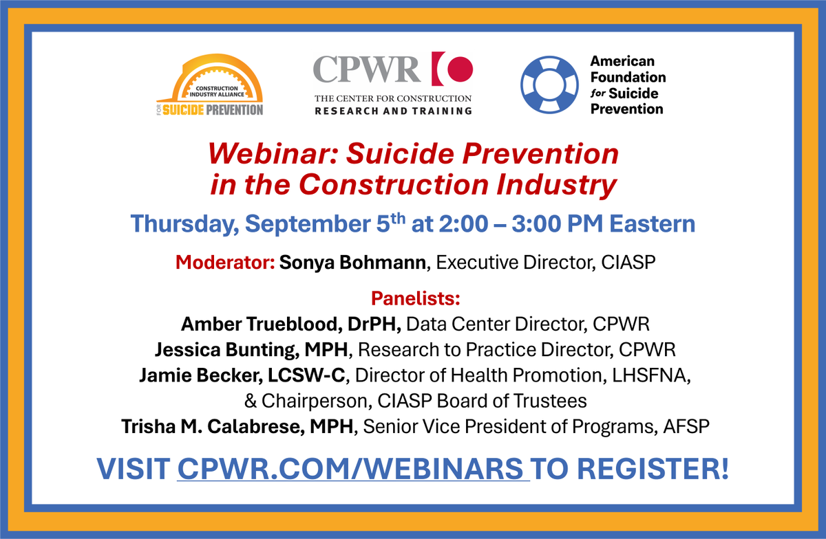 Construction workers are dying by suicide far too often, but figuring out why it’s happening and how to prevent it is complicated. Join us, <a href="/CPWR/">CPWR</a>, <a href="/theCIASP/">Construction Ind. Alliance for Suicide Prevention</a>, and <a href="/LHSFNA/">Laborers' Health & Safety Fund of North America</a> on 9/5 at 2pm ET to learn more: cpwr.com/webinars