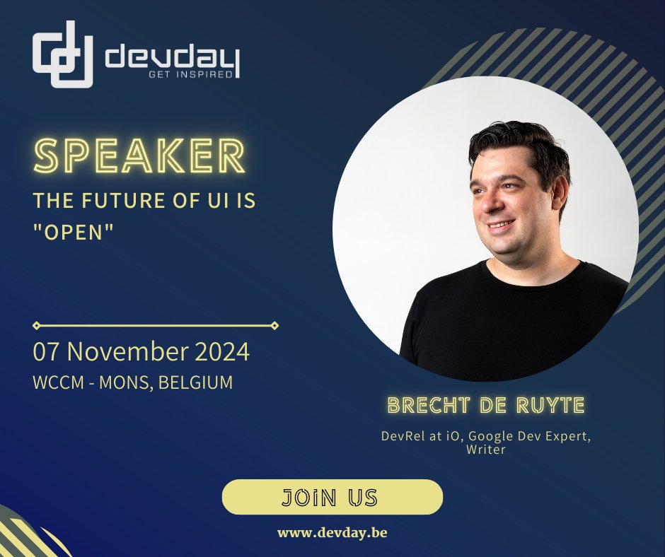 🚀 Annonce #DevDay2024 : Brecht De Ruyte <a href="/utilitybend/">Brecht</a> (DevRel @ iO, GDE) présentera "The future of UI is 'open'". Découvrez les futures specs pour UI !

🚨 Plus que quelques jours pour les tickets early bird à 199€. Les places partent vite !
👉 devday.be/ticket