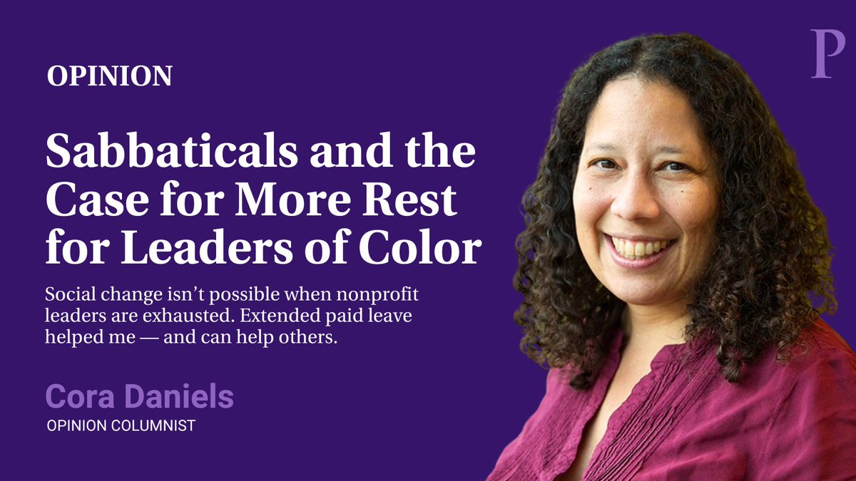The Chronicle of Philanthropy (@philanthropy) on Twitter photo Opinion: Sabbaticals and the case for more rest for leaders of color. Social change isn’t possible when nonprofit leaders are exhausted. Extended paid leave helped me — and can help others. Read <a href="/IamCoraDaniels/">Cora Daniels</a>'s essay at: bit.ly/3yZtsko
<a href="/BridgespanGroup/">The Bridgespan Group</a> Opinion: Sabbaticals and the case for more rest for leaders of color. Social change isn’t possible when nonprofit leaders are exhausted. Extended paid leave helped me — and can help others. Read <a href="/IamCoraDaniels/">Cora Daniels</a>'s essay at: bit.ly/3yZtsko
<a href="/BridgespanGroup/">The Bridgespan Group</a>