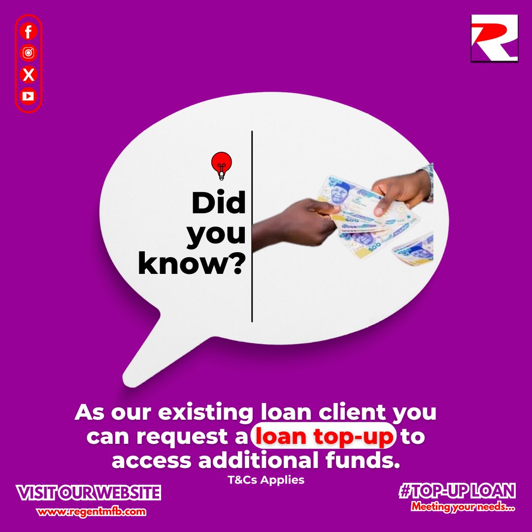 regent_mfb's tweet photo. Need extra funds? Top up your existing loan with us and access more money to achieve your goals. Apply now and take control of your finances!

#regentmfb #quickloans #explore #explorepage #banking #finance #regentbank #trendingreels #trending #trendingnow https://t.co/2JRNNnA1Q8