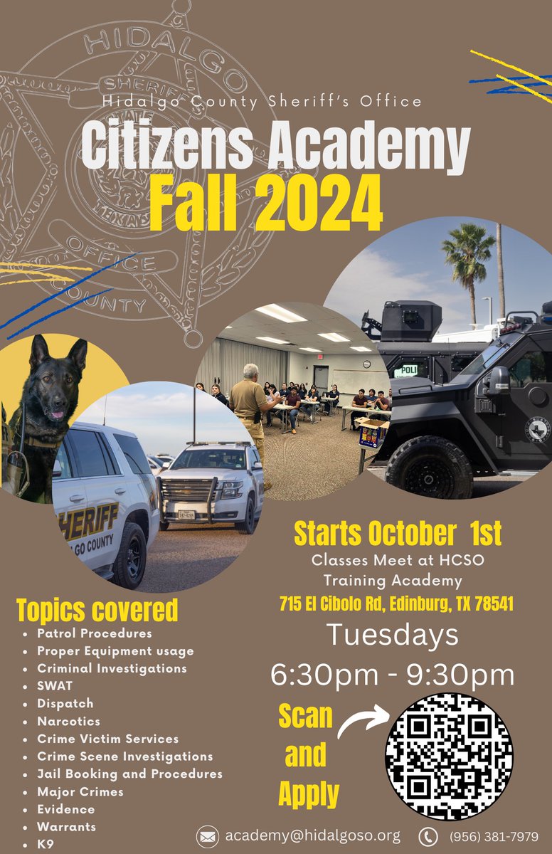 🚨 Apply now for our Citizens Academy starting in October! Gain hands-on experience &amp; insight into law enforcement. Sessions every Tuesday, 6:30-9:30 p.m. at the Hidalgo County Sheriff’s Training Academy.

Complete the interest form forms.gle/63xVaBJTpPKDnx…  to apply.