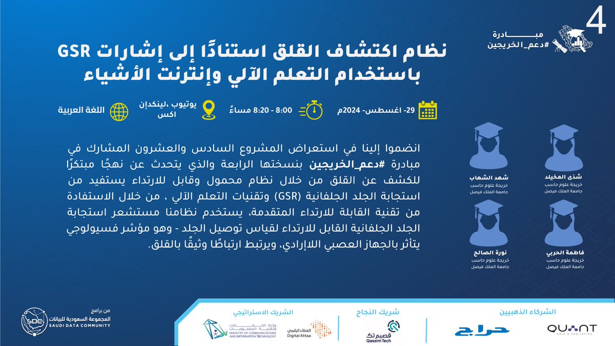 DataCommunitySA's tweet photo. ندعوكم لحضور اللقاء السادس والعشرون من مبادرة #دعم_الخريجين بنسختها الرابعة 

لخريجات علوم الحاسب من جامعة الملك فيصل
عنوان المشروع  "نظام اكتشاف القلق استناداً الى اشارات GRS باستخدام الاعلم الالي وانترنت الاشياء"

مع الخريجات:
شهد الشهاب
شذى المخيلد
نورة الصالح
فاطمة الحربي https://t.co/fizS2axNlC