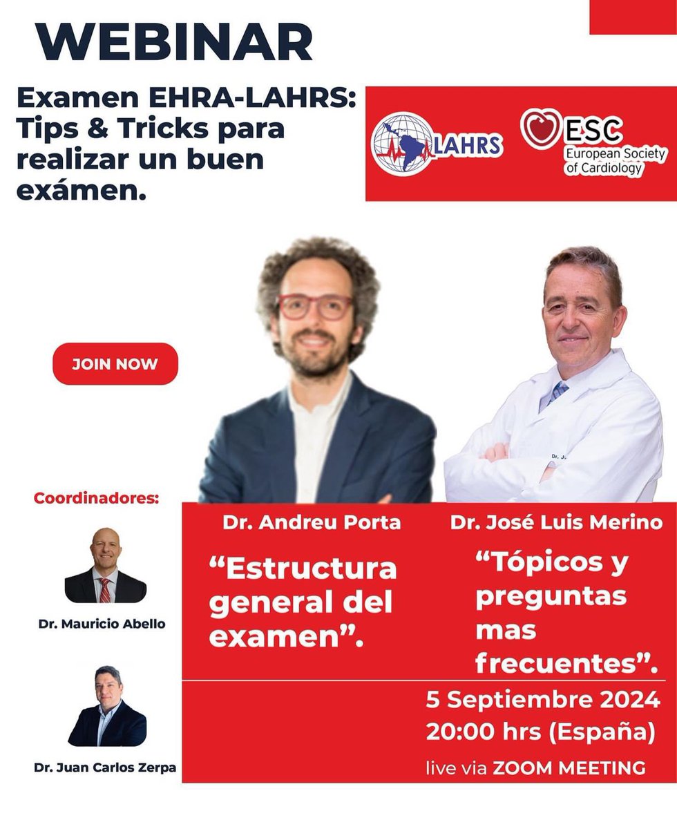 LAHRS (@lahrsonline1) on Twitter photo Ya estás inscripto al EXAMEN DE CERTIFICACIÓN EN ELECTROFISIOLOGIA EHRA /LAHRS?
No te pierdas el #webinar exclusivo para brindar tips y aclarar dudas sobre el examen
Con los Dres <a href="/joselmerino/">Jose Luis Merino</a> <a href="/aportasanchez/">Andreu Porta Sánchez</a> <a href="/mauseabello/">Mauricio Abello MD, MTSAC, FESC</a> <a href="/jczerpa/">JC ZERPA</a>
lahrs.org/examen-de-cert… Ya estás inscripto al EXAMEN DE CERTIFICACIÓN EN ELECTROFISIOLOGIA EHRA /LAHRS?
No te pierdas el #webinar exclusivo para brindar tips y aclarar dudas sobre el examen
Con los Dres <a href="/joselmerino/">Jose Luis Merino</a> <a href="/aportasanchez/">Andreu Porta Sánchez</a> <a href="/mauseabello/">Mauricio Abello MD, MTSAC, FESC</a> <a href="/jczerpa/">JC ZERPA</a>
lahrs.org/examen-de-cert…