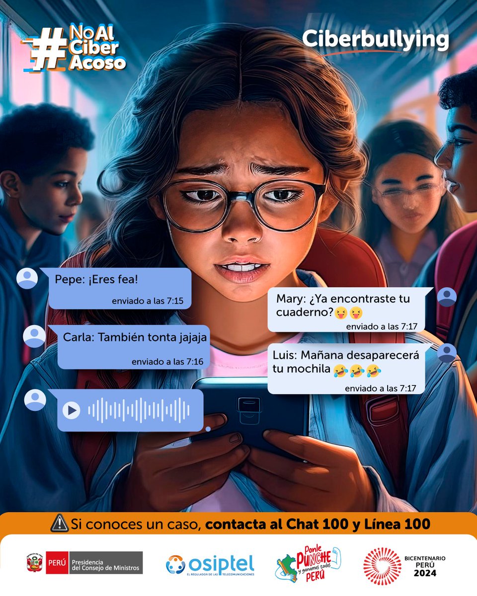 OSIPTEL's tweet photo. El #Ciberbullying ocurre cuando un menor de edad atormenta, amenaza, hostiga, humilla o molesta a otro menor de edad a través de internet y otras plataformas digitales.
Consulta la ☎#Línea100 y el #Chat100
Medidas de prevención. ➡️ https://t.co/TsWzd0bTct https://t.co/uWSe6xxQk7