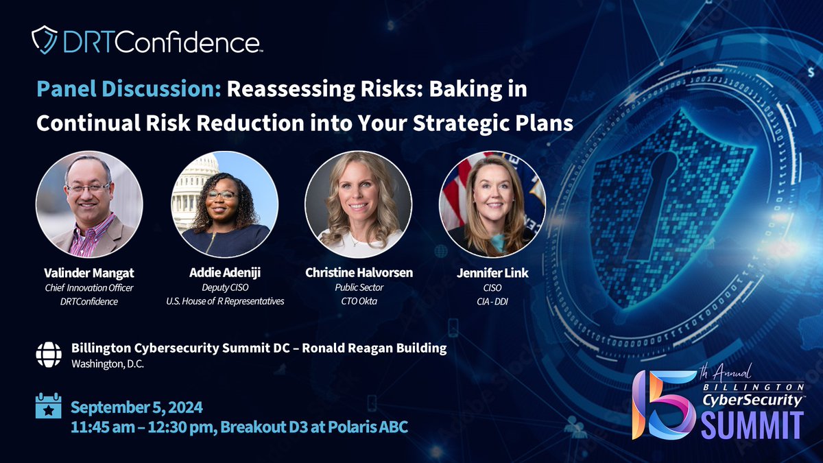 Make plans to attend a special panel discussion on "Risk Assessment" next Thursday at the Billington CyberSecurity conference in DC, featuring speakers Valinder Mangat, Addie Adeniji, Christine Halvorsen, and Jennifer Link. bit.ly/3YGUB62

<a href="/okta/">Okta</a>, <a href="/BillingtonCyber/">Billington Cyber</a>, <a href="/CIA/">CIA</a>