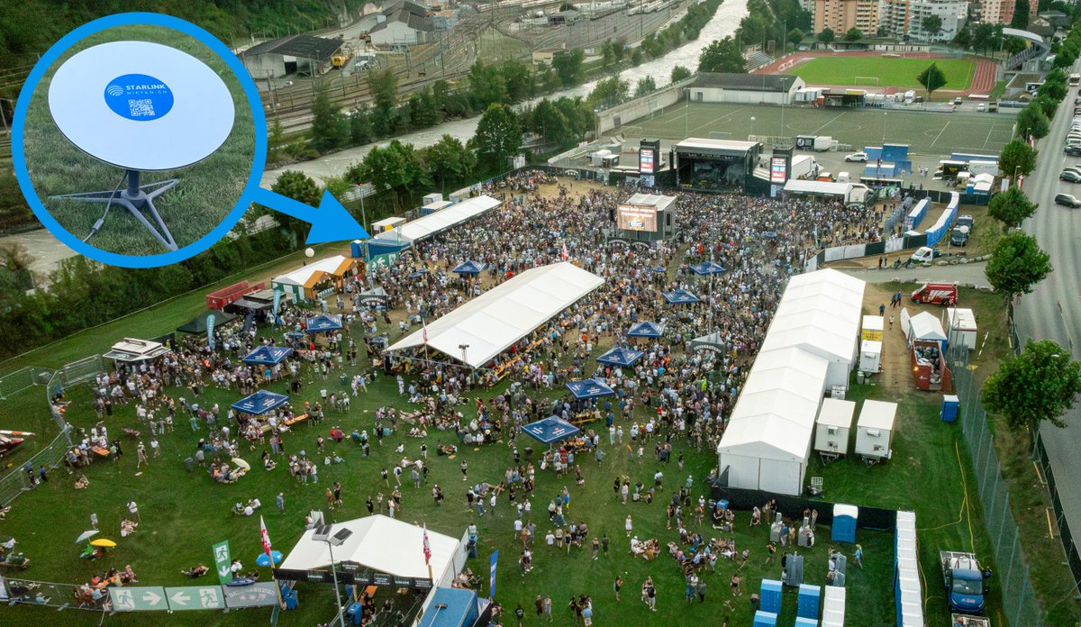 Starlink kommt oft auf Festivals und Events zum Einsatz für digitale Zahlungsmittel. Diese Standorte sind meist schlecht mit Kabel erschlossen und das Mobil Netz ist aufgrund der vielen Personen überlastet. Wie hier beim Genderbüebu Open Air in Naters. starlinkmieten.ch/Kundenfeedback/