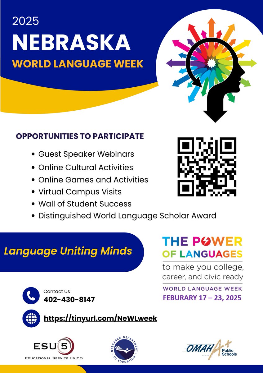 2025 Nebraska World Language Week: Feb 17-23! 🎉
Opportunities to participate include guest speakers, virtual campus visits, the Distinguished World Language Scholar Award, synchronous and asynchronous activities, and the Student Language Spotlight!
<a href="/NDE_News/">NDE NEWS</a> <a href="/ESUCC/">ESUCC</a> <a href="/SenorZiegler/">Nick Ziegler</a>