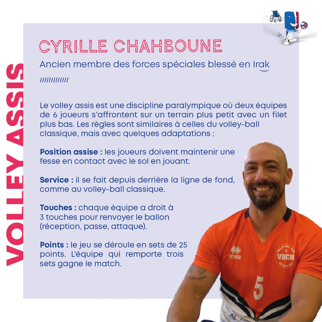 La team 🇫🇷 de volley assis attaque dès ce soir avec les phases de poule ! 🏐

Parmi les sélectionnés, Cyrille Chahboune, un ancien commando des forces spéciales, blessé lors d'une mission en Irak. Les #GueulesCassées, sont à fond derrière lui !📣

Rdv à 20h 👏 #TeamGueulesCassées