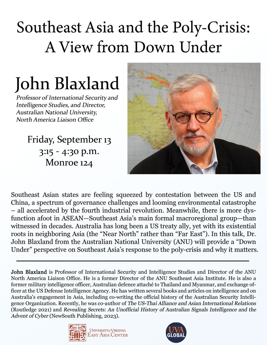 I'm looking forward to speak at <a href="/UVA/">UVA</a> East Asia Center <a href="/GlobalUva/">UVAGlobal</a> . <a href="/ANUNorthAmerica/">ANU North America</a> on "Southeast Asia and the Poly-Crisis: A View from Down Under"