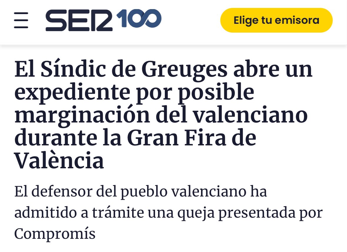 perefuset's tweet photo. Català haurà de donar explicacions al Síndic per l’evident incompliment legal amb la llengua pròpia en una
#GranFiraVLC i #concertsDeVivers on el valencià ha estat arraconat i censurat. Ho hem denunciat des de @CompromisVLC i ja hi ha una investigació en marxa. https://t.co/2uuzr0XJ9l