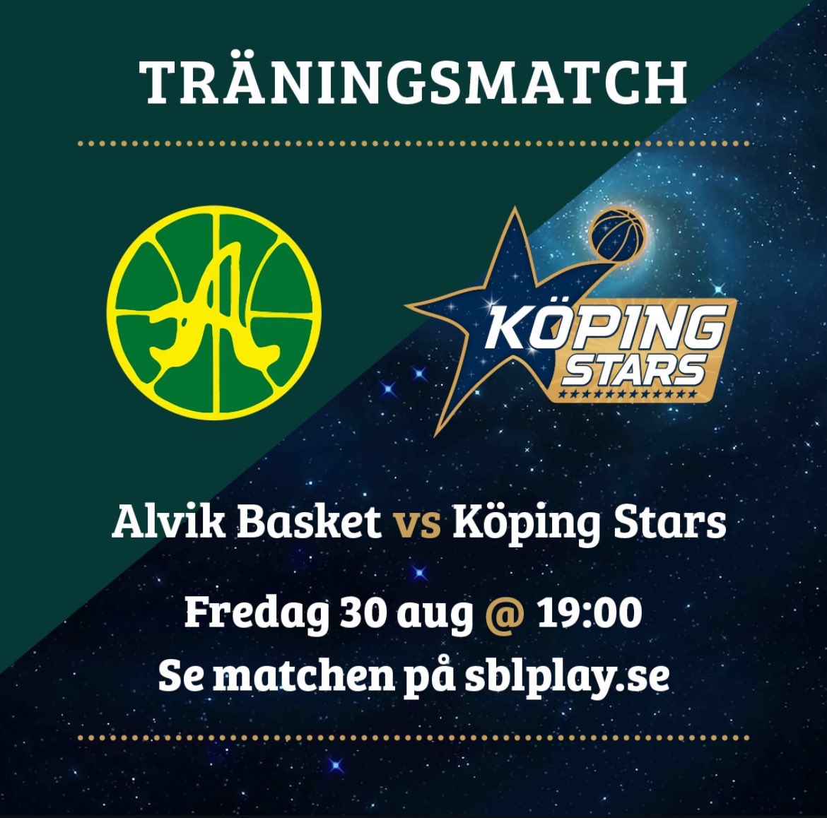 Första träningsmatchen för säsongen spelas i
Stockholm imorgon fredag. Se Alvik Basket - Köping Stars pả sblplay.se!