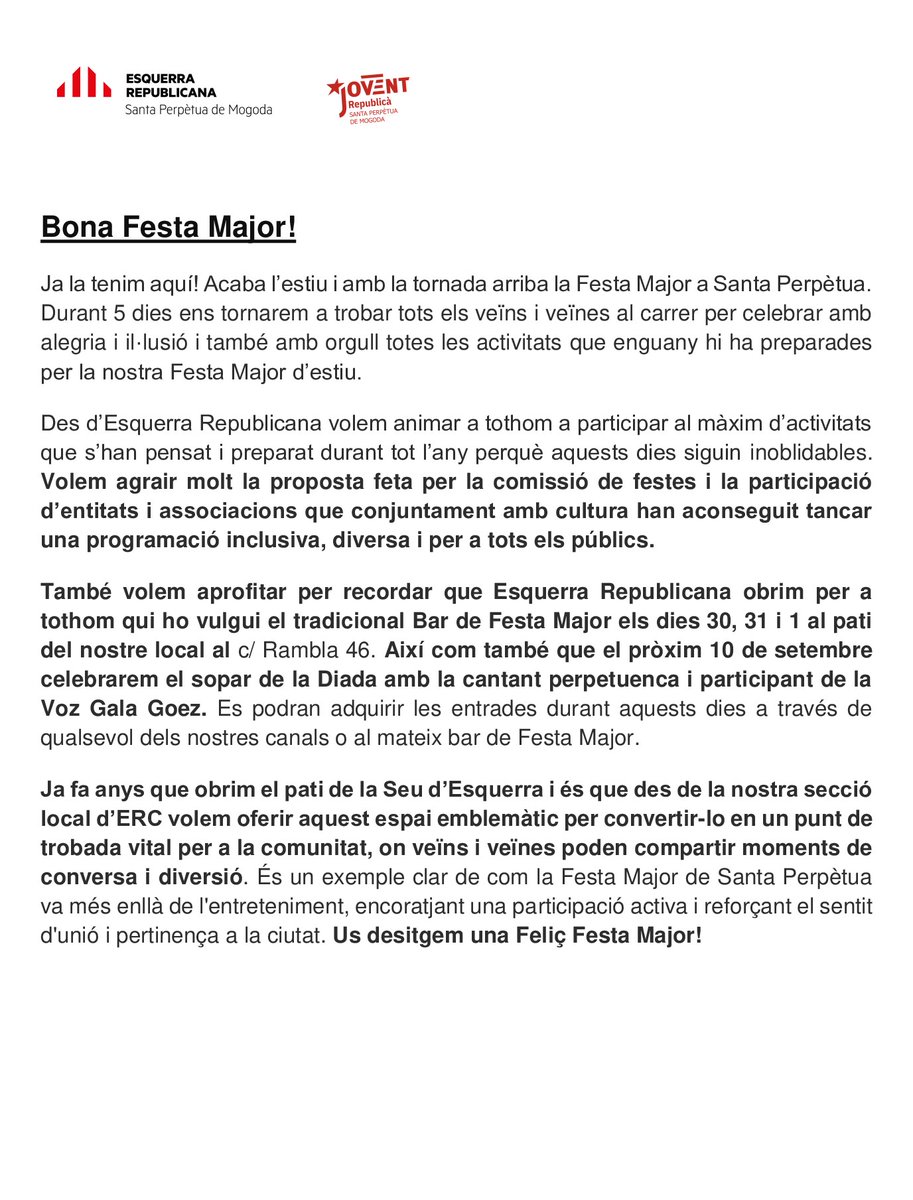 [COMUNICAT FESTA MAJOR D'ESTIU]🎊

Ens tornem a trobar per celebrar amb alegria i il·lusió i també amb orgull la nostra festa. 

Us desitgem una feliç #FestaMajor‼️