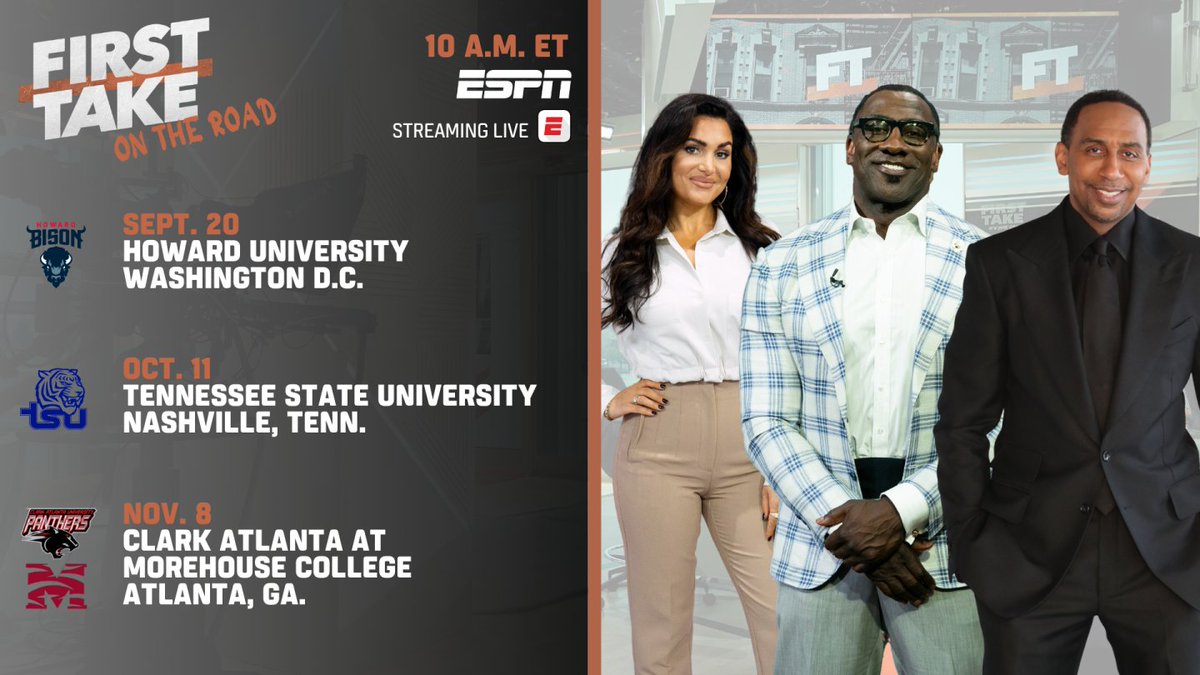ESPN’s ‘First Take’ Announces HBCU Schedule for this Fall

Oct. 11 <a href="/TSUedu/">Tennessee State University</a> (Nashville, Tenn.):

The First Take team will be joined by former NFL star and Heisman Trophy winner Eddie George, who has been the Tennessee State head football coach since 2021.
thewaltdisneycompany.com/espn-first-tak…