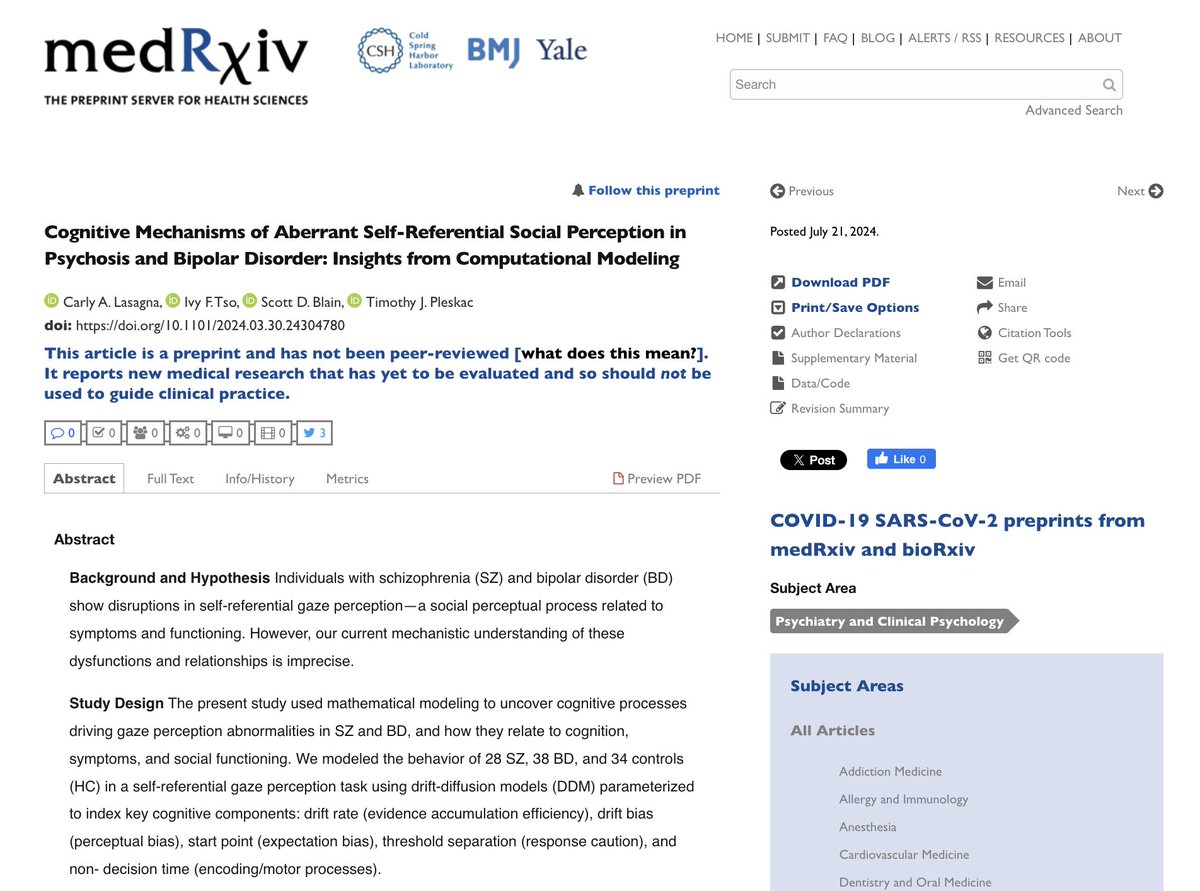New preprint based on the 1st paper of my dissertation is online now! We used drift-diffusion models to examine the cognitive processes driving self-referential biases in patients with psychosis (SZ) and bipolar disorder (BD) during social perception 🧵1/N medrxiv.org/content/10.110…