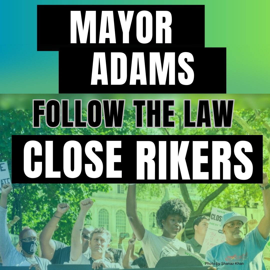 We Stand By @FreedomAgendaNY in saying: Closing Rikers by August 31, 2027 is the LAW, and @nycmayor must follow it. New Yorkers deserve action NOW! NYC must invest in solutions for public safety and delete this history that started in slavery. #CloseRikers https://t.co/czosfD5Zet