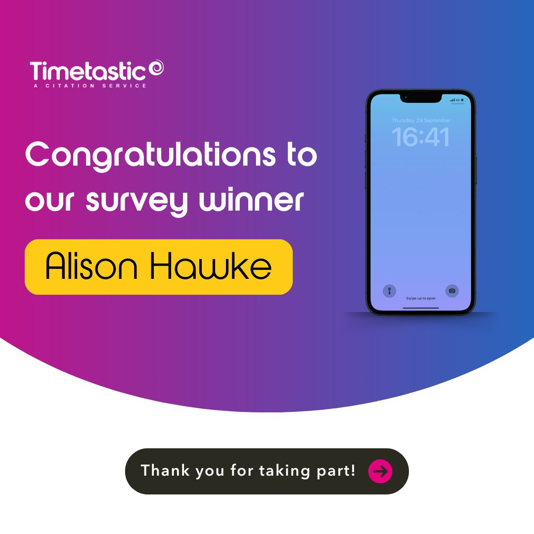 Shoutout to all who joined our survey for a chance to score an iPhone.

We're excited to reveal the lucky winner: Alison Hawke from The Music Factory! 🎊Congrats, Alison!

#Giveaway #Competition #Timetastic