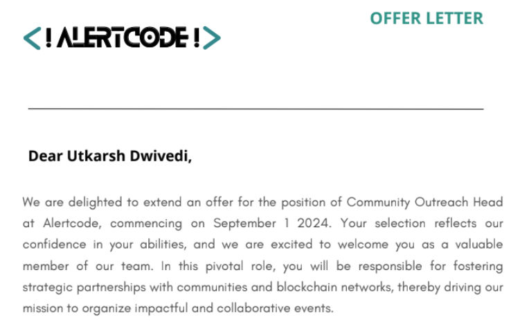 karshingdev's tweet photo. 🌟 Career Update! 🌟
Excited to share that I’m stepping into a new role as Community Outreach Manager at @Alertcode_ Company! Can’t wait to contribute and make an impact with this amazing team!  #CareerUpdate #CommunityOutreach #Alertcode

Heartful thanks to @BatukSharma_  Bhaiya https://t.co/1CmiHyYRKK