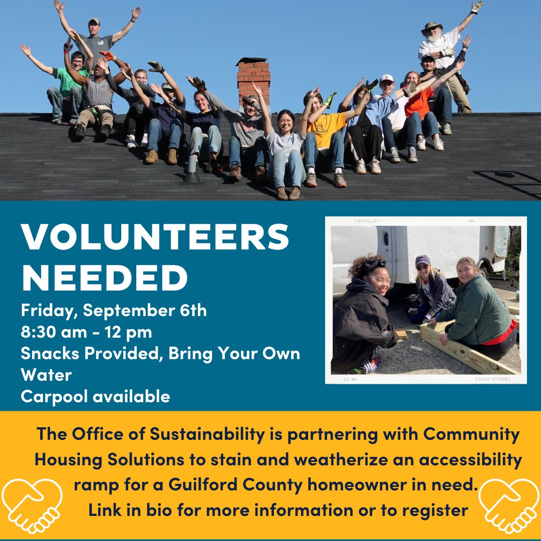 Volunteers Needed to help stain and weatherize an accessibility ramp, stairs, and deck for an elderly married couple 8:30 a.m. -12 p.m. | Link is in our bio for more information or to register! #uncgsustainability