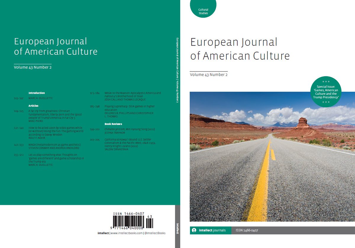 IntellectBooks (@intellectbooks) on Twitter photo European Journal of American Culture 43.2 is out now!
‘Games, American Culture and the Trump Presidency’
Including ‘MAGA to the Maxson: Apocalyptic America and Fallout 4’s Brotherhood of Steel’ by <a href="/JoshCCall/">Josh Call</a> and <a href="/tlecaque/">Thomas Lecaque</a>
<a href="/EJACjournal/">European Journal of American Culture</a> <a href="/pcaaca/">PCA/ACA</a>
intellectdiscover.com/content/journa… European Journal of American Culture 43.2 is out now!
‘Games, American Culture and the Trump Presidency’
Including ‘MAGA to the Maxson: Apocalyptic America and Fallout 4’s Brotherhood of Steel’ by <a href="/JoshCCall/">Josh Call</a> and <a href="/tlecaque/">Thomas Lecaque</a>
<a href="/EJACjournal/">European Journal of American Culture</a> <a href="/pcaaca/">PCA/ACA</a>
intellectdiscover.com/content/journa…