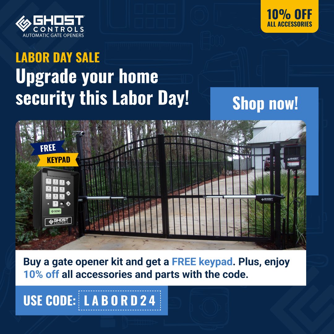 GhostControls's tweet image. This Labor Day, transform your entryway by purchasing a gate opener kit to get a FREE keypad plus dive into our accessories and get 10% off using code LABORD24. Don’t miss out—shop now! 👉 bit.ly/3YYsRty
#LaborDaySale #GateTechnology #FreeKeypad #Discounts
