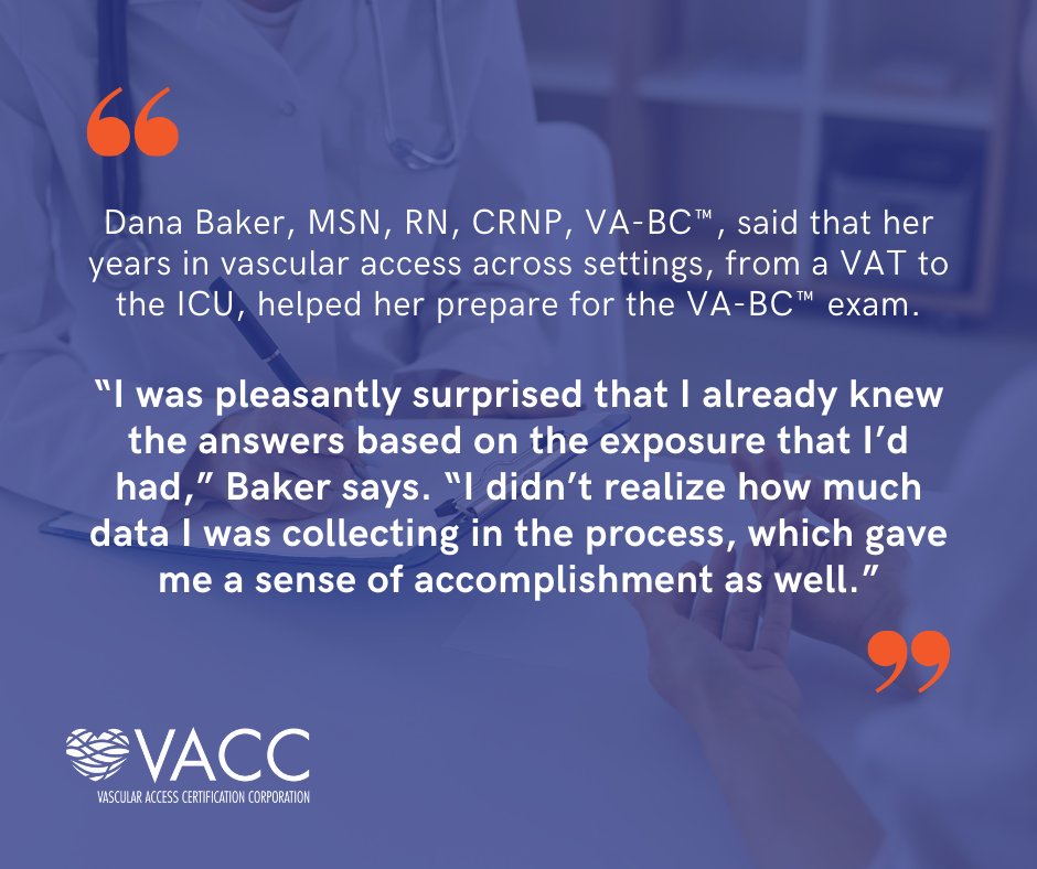 Vascular Access Certification Corporation (@vacccert) on Twitter photo Often the first question when preparing for a high-stakes credential: "How do I know if I’m ready to take the test?"
VA-BC™ Dana Baker shares her experiences with the VA-BC™ exam and what helped her to succeed > ow.ly/Aw9t50SCHAg Often the first question when preparing for a high-stakes credential: "How do I know if I’m ready to take the test?"
VA-BC™ Dana Baker shares her experiences with the VA-BC™ exam and what helped her to succeed > ow.ly/Aw9t50SCHAg