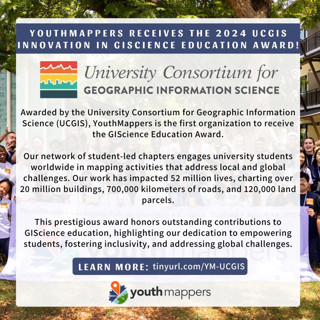 🎉 Thrilled to announce that @YouthMappers is the recipient of the 2024 UCGIS Innovation in GIScience Education Award! 🌟 We're leading the way in global geospatial education. 🌍 #UCGIS #GIScience #YouthMappers <a href="/UCGIScience/">UCGIS</a>  🔗tinyurl.com/YM-UCGIS