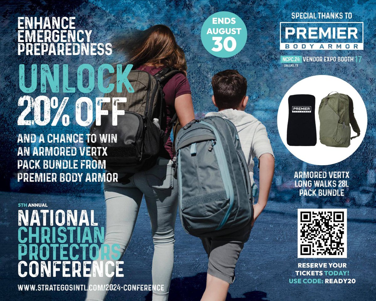 TeamStrategos's tweet photo. 🚨ONLY 1 DAY LEFT!🚨 
Register for NCPC.24 before August 30th &amp; get 20% off with code: READY20
Thanks to @premierarmor, this code gives you a chance to WIN an armored Vertx Pack Bundle! 🎒💪 
#NCPC24 #PremierBodyArmor #Dallas #READY20 #ProtectYourPeople #Strategosintl https://t.co/kjD0XFwslc