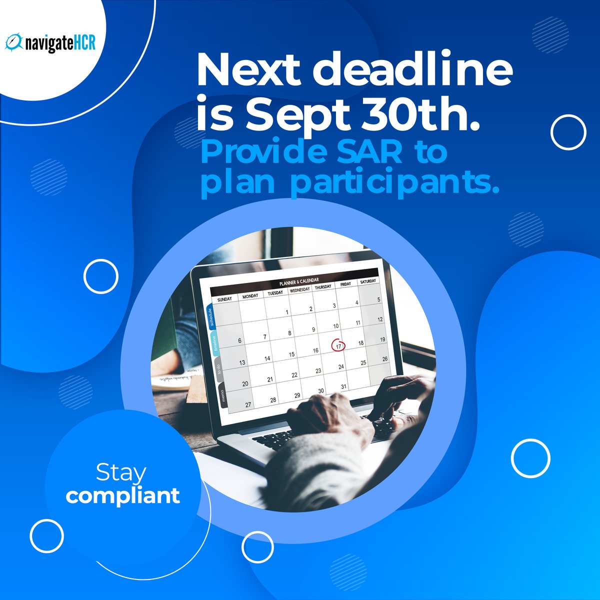 NavigateHCR's tweet image. Important date: Sept. 30, 2024! Provide the SAR to plan participants if your calendar-year plan’s Form 5500 deadline wasn’t extended. Stay compliant with Navigate HCR. 

#SummaryAnnualReport #Form5500 #NavigateHCR