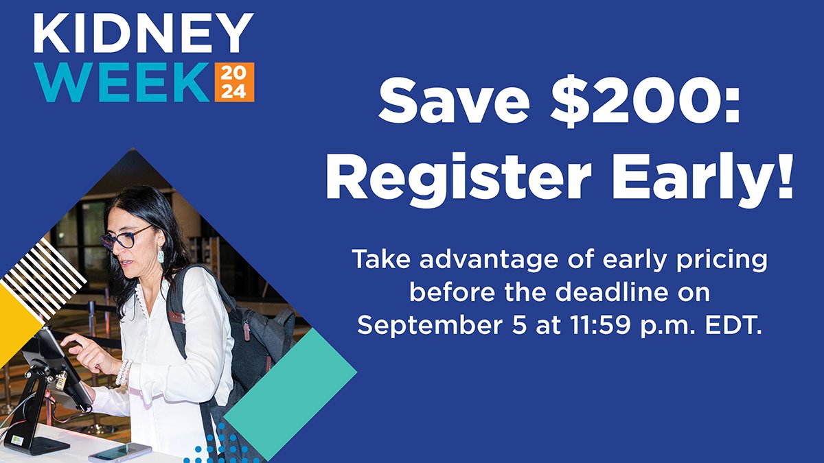 Early registration for #KidneyWk closes in one week!

Join 12,000+ kidney professionals from 115+ countries who are uniting in San Diego, CA, to help create a world without kidney diseases.

Register for the world's premier nephrology meeting: asn.kdny.info/qsJ750Spsh2