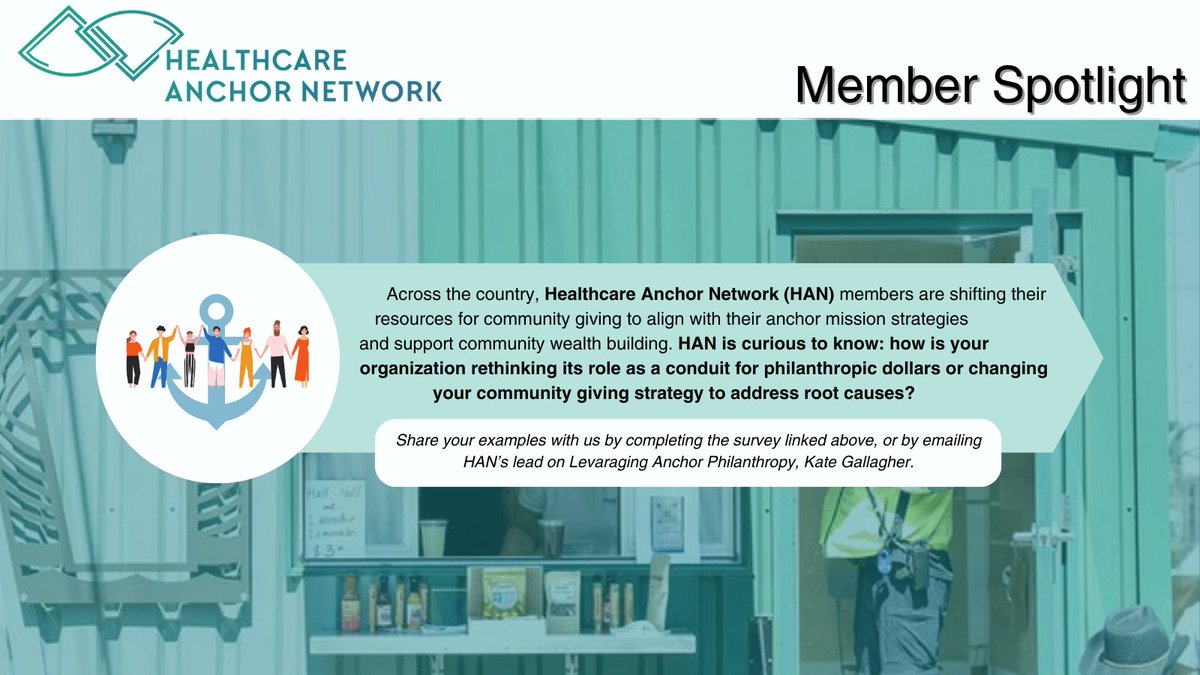 Across the country, Healthcare Anchor Network (HAN) members are shifting their resources and support community wealth building. #SDoH #healthequity #AnchorMission #CommunityWealth #racialequity #economicjustice

Share your community giving examples: ow.ly/UjPb50T8Tx9