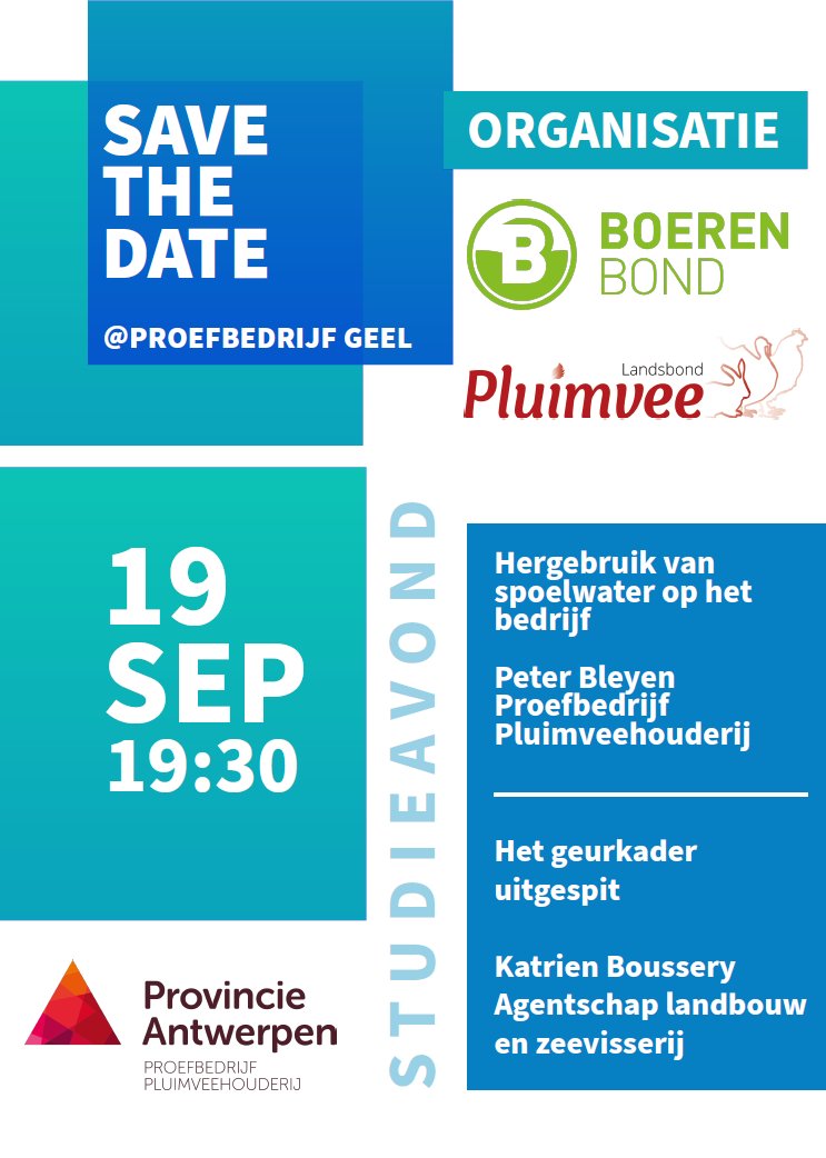 Ben je een pluimveehouder? Noteer dan zeker 19 september in je agenda:

Hergebruik van spoelwater op het bedrijf (Peter Bleyen – Experimental Poultry Centre)

Het geurkader uitgespit (Katrien Boussery – Agentschap Landbouw en Zeevisserij)

lifeaclima.eu/events/studiea…
