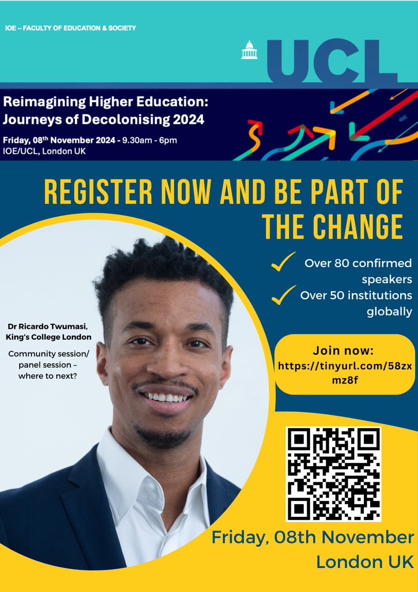 Upcoming event!📢🎉

Register and join Richardo Twumasi at the next UCL conference on which will be exploring culture change, co-creation, staff development, institutional change, decolonial research and much more!