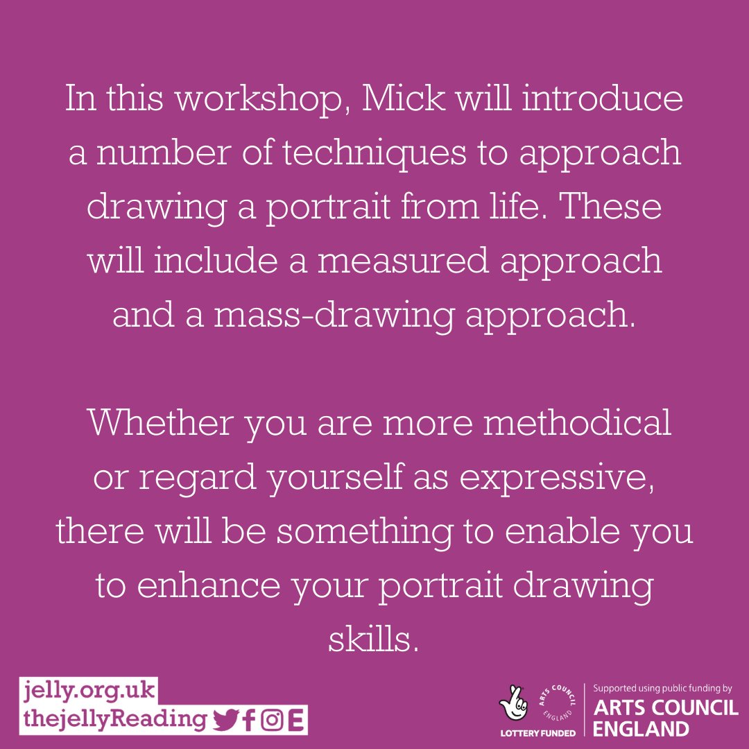 ✏️Last chance! Tutored full-day workshop this Sunday at Jelly. This workshop will be taught by artist Mick McNicholas with life model Abbey. Most spaces on this workshop are already booked. 🎟️ jelly.org.uk/workshops 

#Portraitdrawing #RDGUK #ArtWorkshops #ACEsupported #whatson