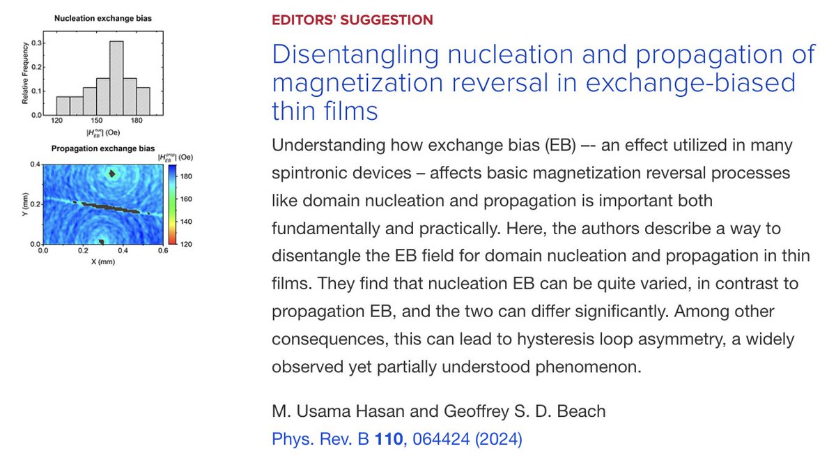 PhysRevB's tweet image. PRB Editors&apos; Suggestion: Disentangling #nucleation and propagation of #magnetization reversal in exchange-biased #ThinFilms

M. Usama Hasan and Geoffrey S. D. Beach
Phys. Rev. B 110, 064424

➡️ go.aps.org/3SZgSs2
#EdSugg #physics #condmat @APSPhysics