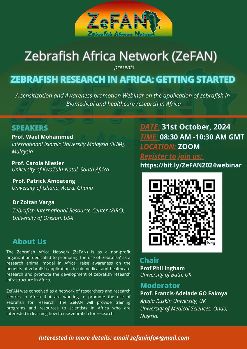 Zebrafish Research in Africa: Getting Started (Webinar) by Zebrafish Africa Network, October 31, 2024
bit.ly/ZeFAN2024webin…
#zebrafish