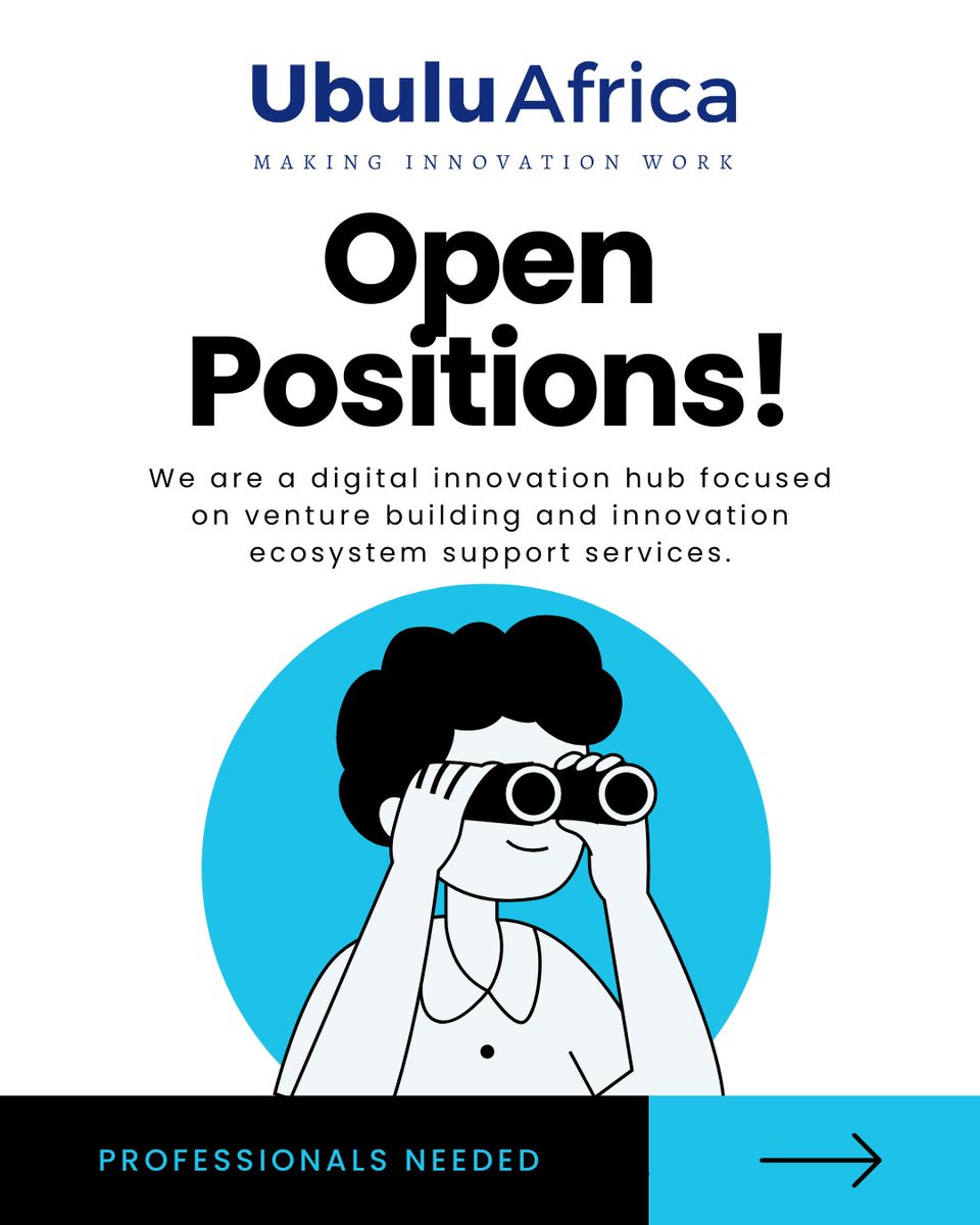 UbuluAfrica's tweet photo. 🚀 Join Us in Making Innovation Work Across Africa! We're building a team of creative individuals to tackle socioeconomic challenges with innovative solutions. Ready to make an impact? Apply or join our talent pool today: https://t.co/Zygm44U8n3

#UbuluAfrica #Innovation #Careers https://t.co/ibPZh8leJR