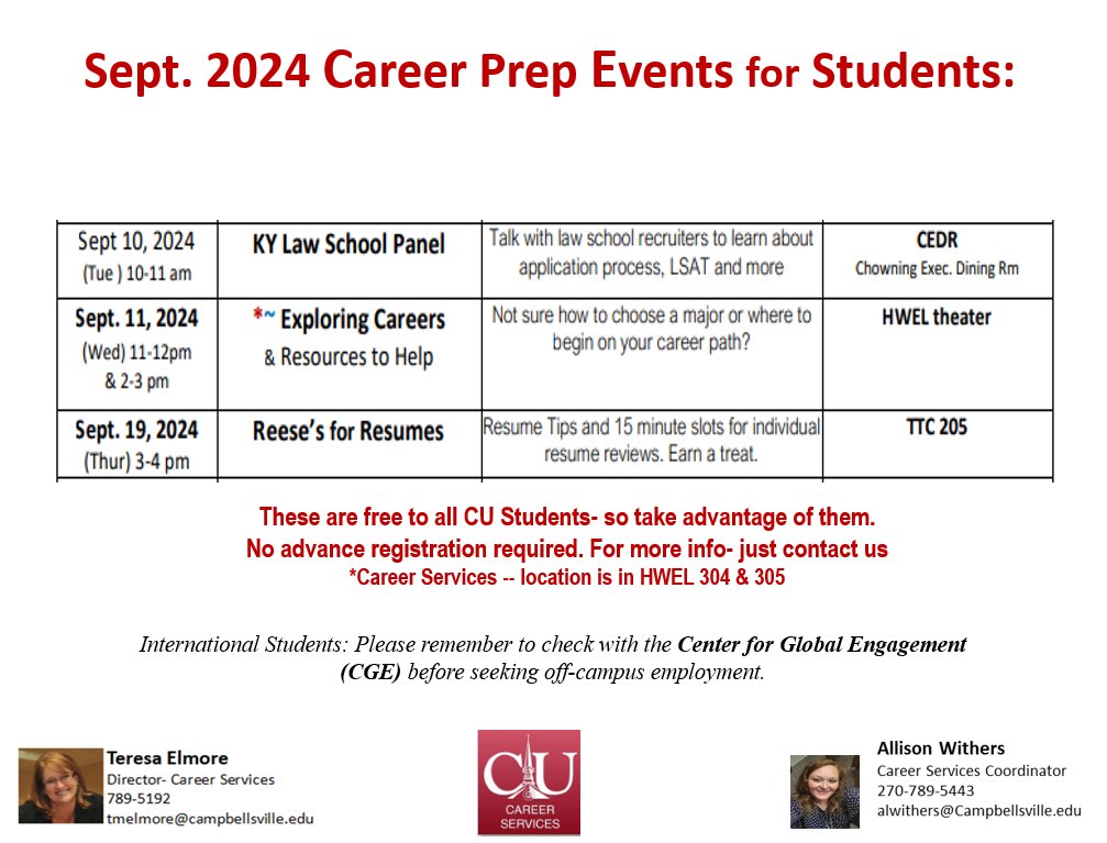 CU Students check out these upcoming and FREE Events for Career Prepping. It's never too early or too late to think about your future!