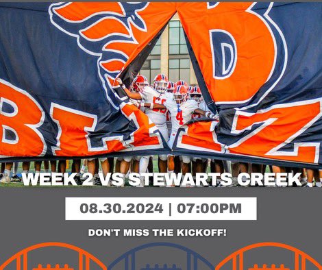 WEEK 2

🆚 Stewarts Creek
📍 Blackman High School
⏰ 7:00 pm
🎟️ $10
GoFan Link: 
gofan.co/event/1609877?…  

#WeAreBlackman 🔥
