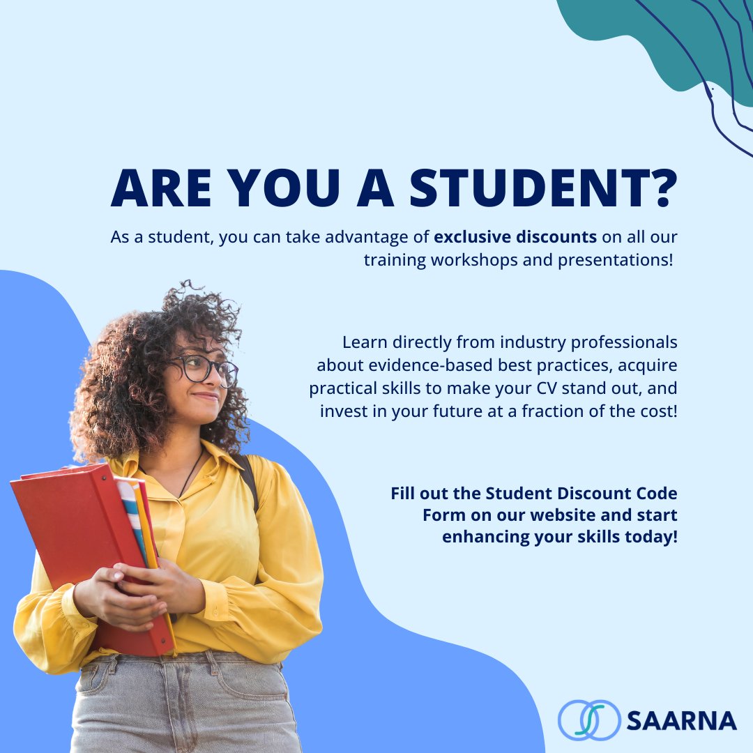 With the new academic year starting, it's the perfect time to take advantage of SAARNA's exclusive student discounts on trainings! Elevate your learning and gain valuable skills at a reduced rate.

Check out our upcoming training events here: saarna.org/shop/