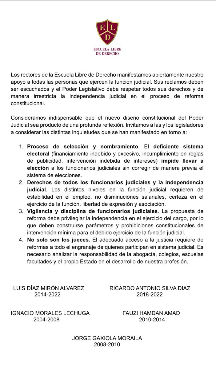 Los rectores de la <a href="/eld_oficial/">Escuela Libre de Derecho</a> consideramos indispensable el respeto a los derechos de las y los funcionarios judiciales y la independencia judicial #PJF