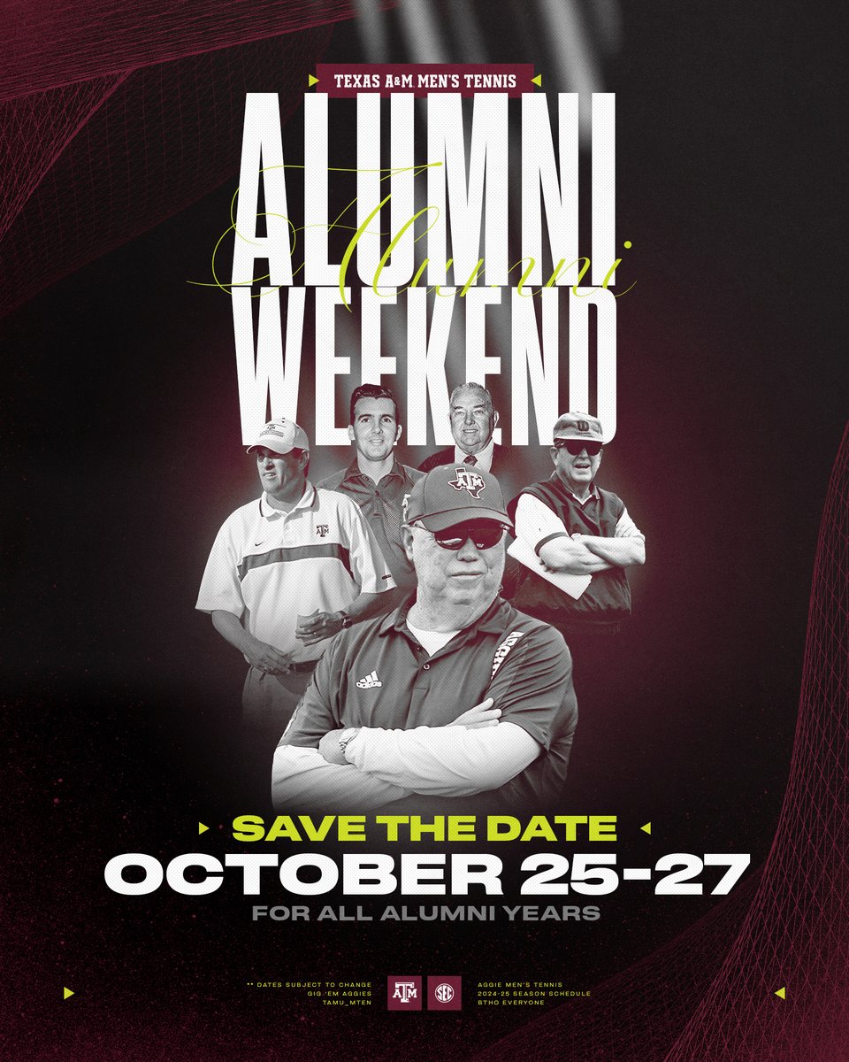 AggieMTEN's tweet photo. 𝐒𝐀𝐕𝐄 𝐓𝐇𝐄 𝐃𝐀𝐓𝐄!

All-Classes Alumni Weekend on Oct. 25-27 👍

More details to come! 😤

#GigEm https://t.co/QGtaavZQCv