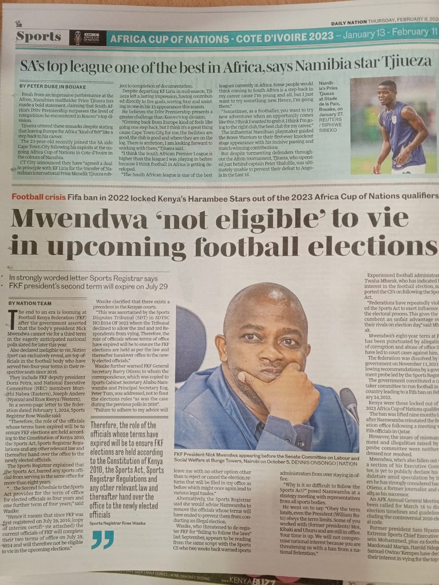 Nick Mwendwa, Doris Petra, Tonny Kweya, Joseph Andere and Muriithi Nabea will not vie in the same positions in forthcoming FKF elections. Take this to the nearest bank. The laws are very clear about term limit 
The journey has started. <a href="/FIFAcom/">FIFA</a> <a href="/CAF_Online/">CAF Online</a> <a href="/kipmurkomen/">KIPCHUMBA MURKOMEN, E.G.H</a>