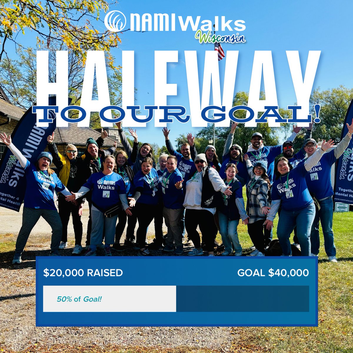 THANK YOU to everyone who has registered, created a team, or donated to NAMIWalks Wisconsin! We are officially halfway to our goal of raising $40,000 to support NAMI's free mental illness support groups and programs across the state. namiwalks.org/wisconsin