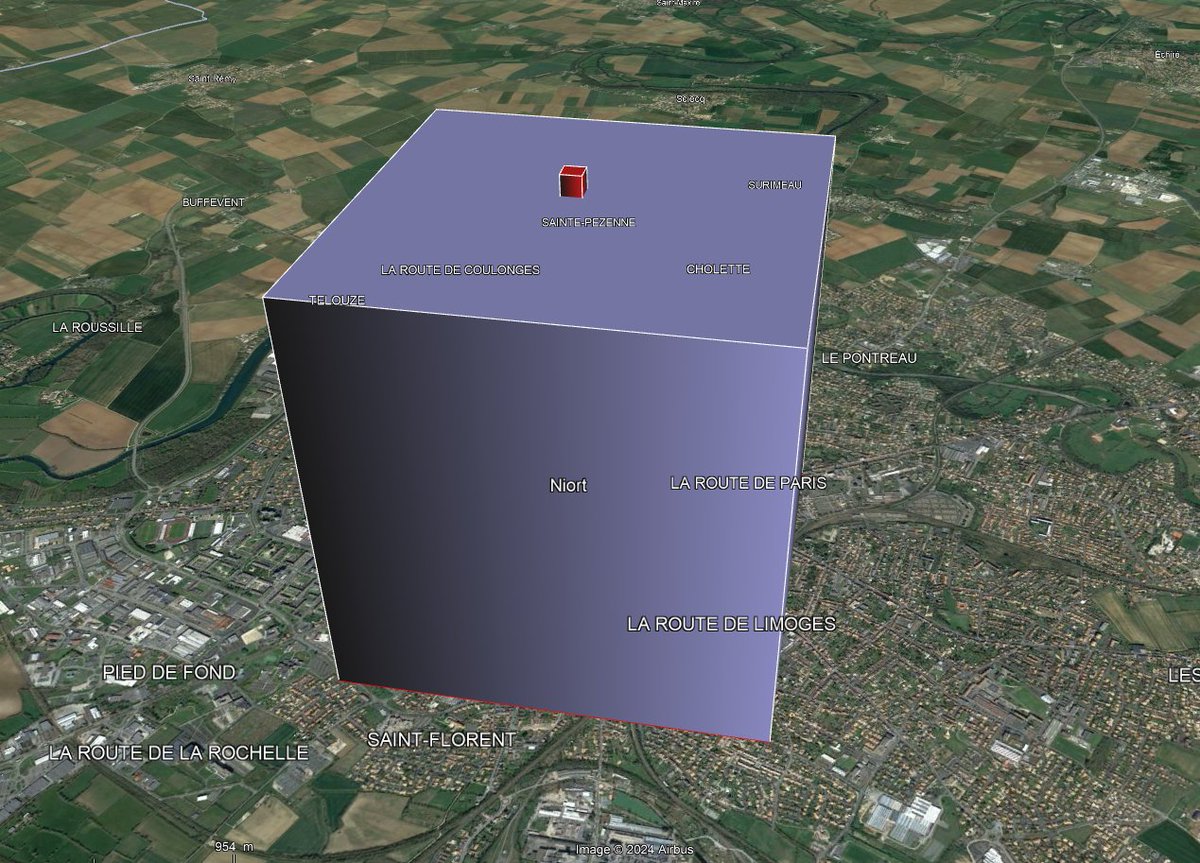 __phiphou__'s tweet image. La bassine de Saint Soline, c'est une capacité utile de 627868m3 (le cube rouge).

Dans les Deux-Sèvres Il pleut en moyenne (1981-2010) 5.2 milliards de m3 par an (le cube bleu).

La bassine représente donc 1/8286ème des précipitations annuelles dans la région (0.01%).