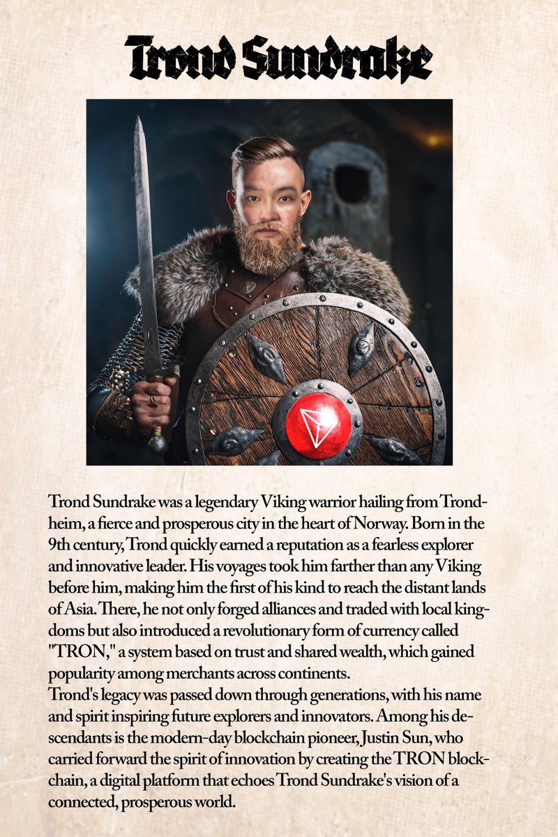 trondsundrake's tweet photo. Read about the legend of Trond Sundrake. The legendary viking from #trondheim. Ancestor of blockchain innovator #JustinSun .
#TROND #SUNPUMP #memecoin #tron #TRX
https://t.co/OblpPx0xZP https://t.co/aihgiJ2EEf