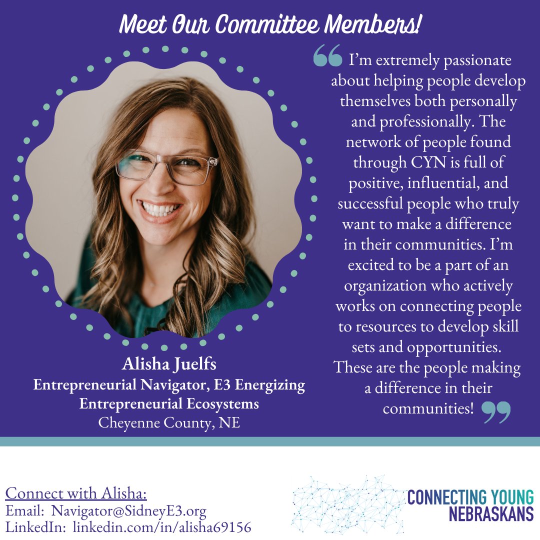 𝐌𝐞𝐞𝐭 𝐎𝐮𝐫 𝐂𝐨𝐦𝐦𝐢𝐭𝐭𝐞𝐞 𝐌𝐞𝐦𝐛𝐞𝐫𝐬!

𝐀𝐥𝐢𝐬𝐡𝐚 𝐉𝐮𝐞𝐥𝐟𝐬 is a member of CYN's Program Committee. She is the Entrepreneurial Navigator with E3 Energizing Entrepreneurial Ecosystems.