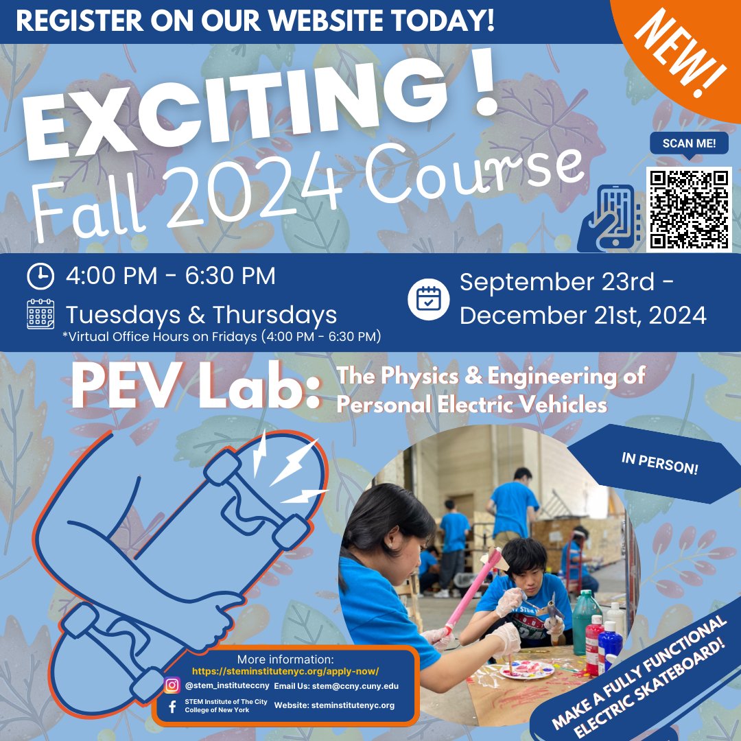 STEM_Institute's tweet photo. Exciting NEW Course THIS FALL! Learn to make a fully functional electrical skateboard 🛹 in our new PEV Lab class this Fall!
🔗 Register now at https://t.co/5ALciRnYUp

#STEMInstitute #ElectricVehicles #Fall2024 #PEVLab #CCNY https://t.co/I1BnOHaKY6
