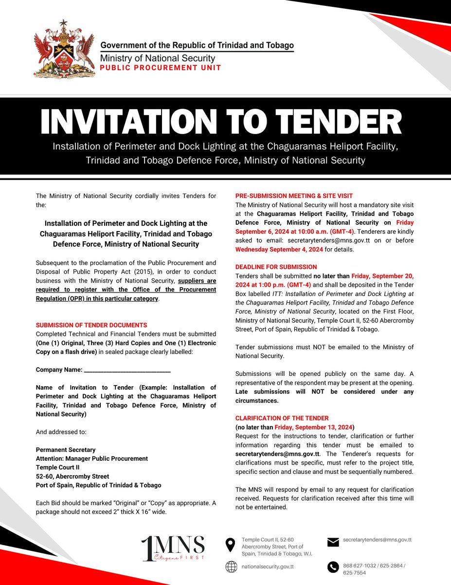INVITATION TO TENDER: Installation of Perimeter and Dock Lighting at the Chaguaramas Heliport Facility, Trinidad and Tobago Defence Force