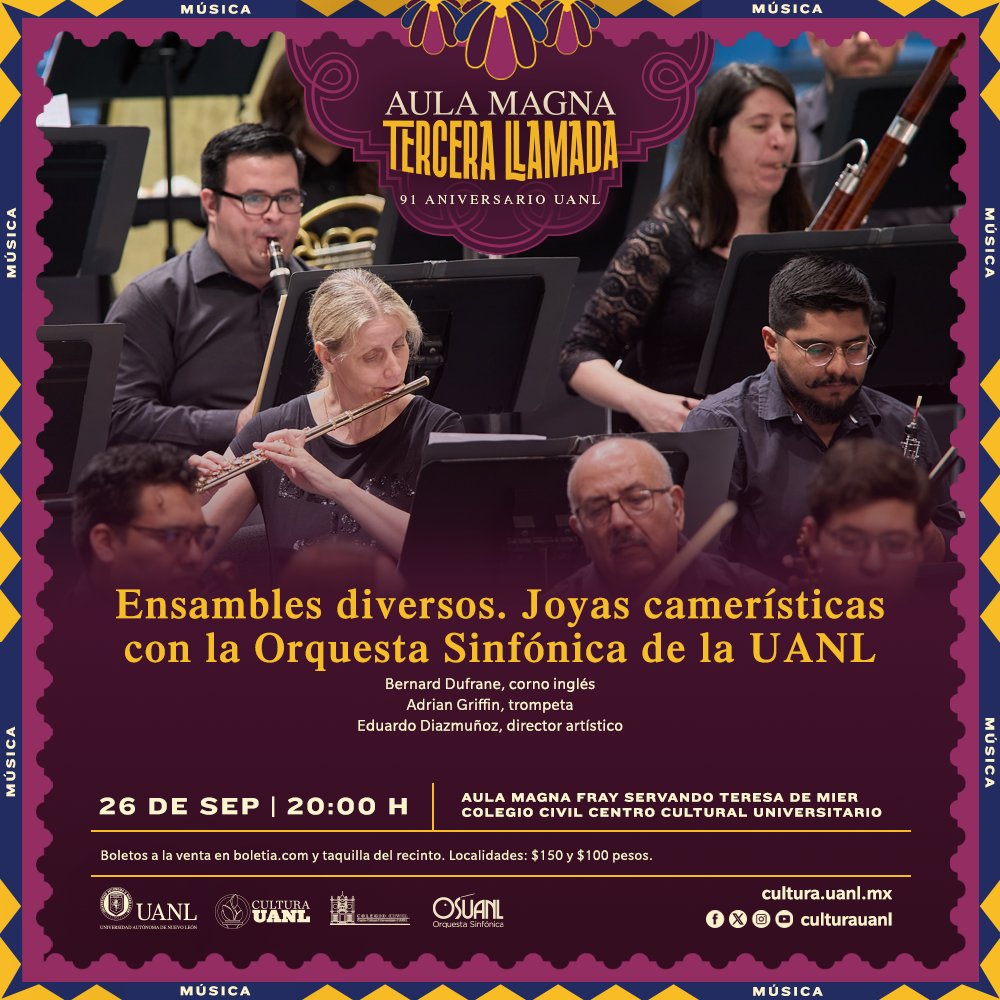 La <a href="/OSUANL/">Orquesta Sinfónica de la UANL</a> en vivo desde nuestra Aula Magna Fray Servando Teresa de Mier del Colegio Civil Centro Cultural Universitario como parte de las actividades de "Aula Magna. Tercera llamada", que celebra el 91 aniversario de la Máxima Casa de Estudios.